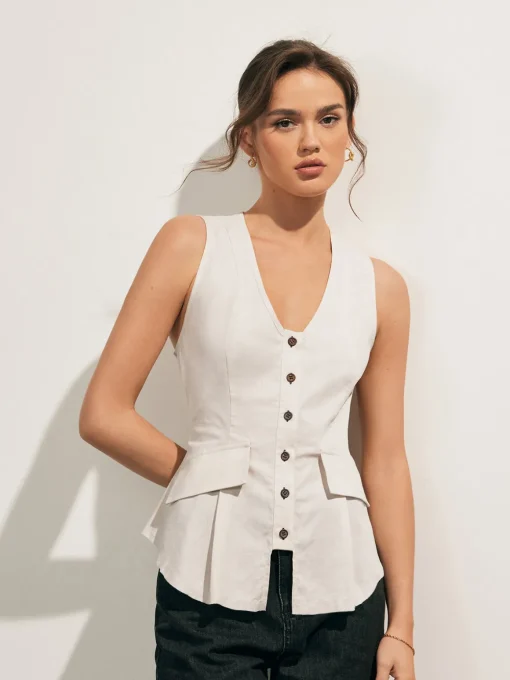 COMMENSE Blouses & Shirts|Tops^Linen Blends Raw Hem Button Up Shirt Off-White