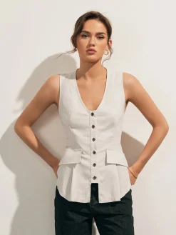 COMMENSE Blouses & Shirts|Tops^Linen Blends Raw Hem Button Up Shirt Off-White