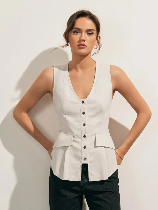 COMMENSE Blouses & Shirts|Tops^Linen Blends Raw Hem Button Up Shirt Off-White