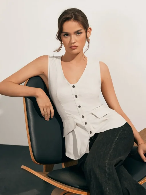 COMMENSE Blouses & Shirts|Tops^Linen Blends Raw Hem Button Up Shirt Off-White
