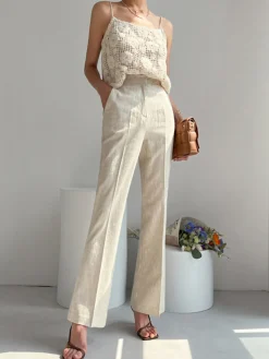 COMMENSE Pants|Bottoms^Linen Blends Straight Leg Pants Khaki