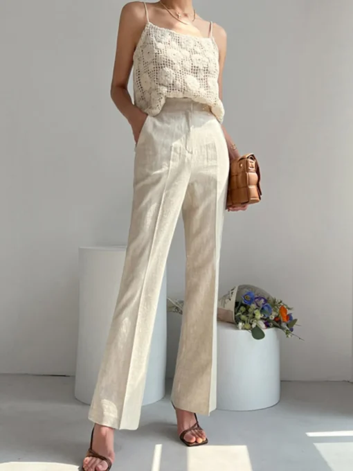 COMMENSE Pants|Bottoms^Linen Blends Straight Leg Pants Khaki