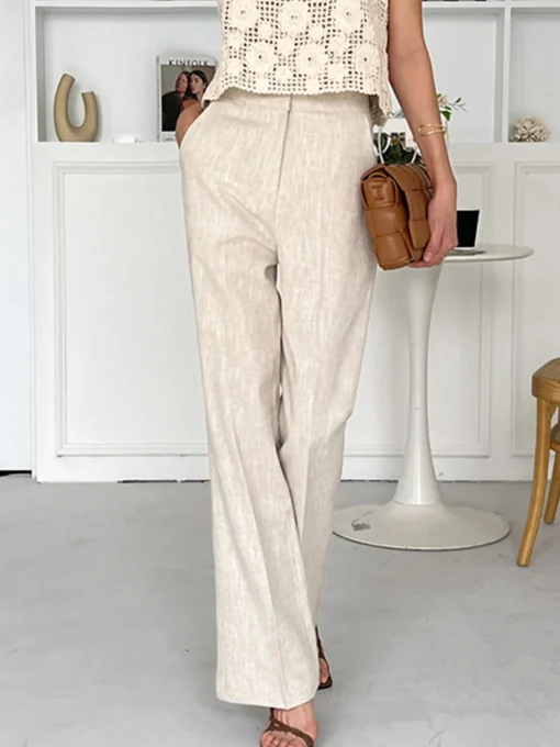 COMMENSE Pants|Bottoms^Linen Blends Straight Leg Pants Khaki