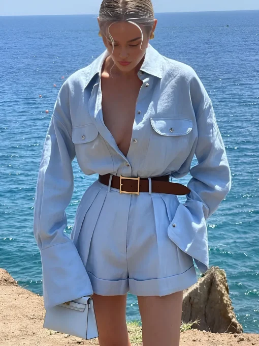 COMMENSE Shorts Sets|Shorts^Long Sleeve Collared Pleated Shorts Set Blue