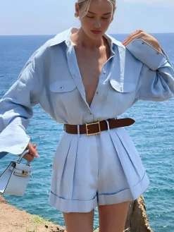COMMENSE Shorts Sets|Shorts^Long Sleeve Collared Pleated Shorts Set Blue