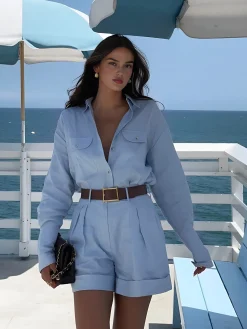 COMMENSE Shorts Sets|Shorts^Long Sleeve Collared Pleated Shorts Set Blue