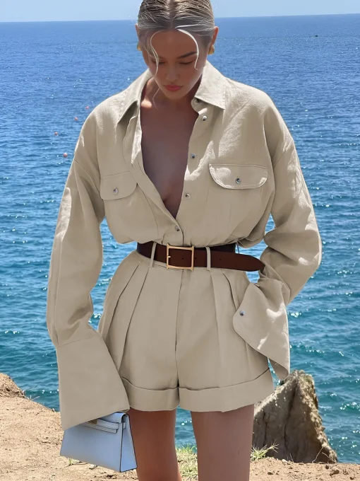 COMMENSE Shorts Sets|Shorts^Long Sleeve Collared Pleated Shorts Set Blue