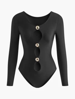 COMMENSE Bodysuits|Bodysuits^Long Sleeve Cutout Jersey Bodysuit Black