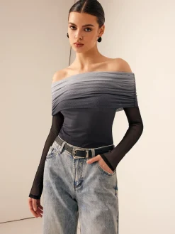 COMMENSE Blouses & Shirts|Tops^Mesh Ruched Off Shoulder Ombre Blouse Grey
