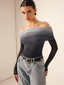 COMMENSE Blouses & Shirts|Tops^Mesh Ruched Off Shoulder Ombre Blouse Grey