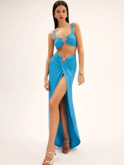COMMENSE Skirt Sets|Long Sleeve Sets^Metal Decor Split Split Skirt Set Blue