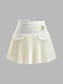 COMMENSE Skirts|Bottoms^Metal Letter Pleated Mini Skirt White
