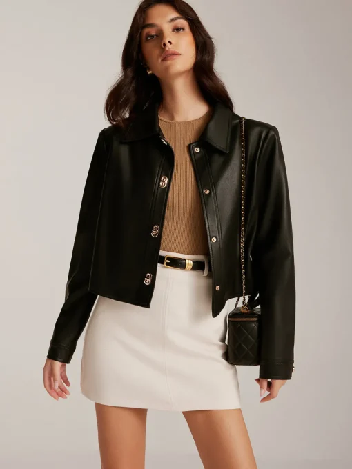 COMMENSE Outerwear|Jackets^Metal-Button PU Leather Short Jacket Black