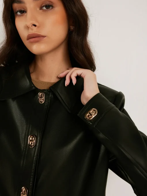 COMMENSE Outerwear|Jackets^Metal-Button PU Leather Short Jacket Black