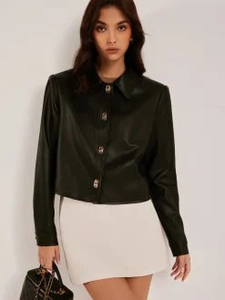 COMMENSE Outerwear|Jackets^Metal-Button PU Leather Short Jacket Black