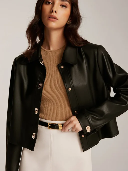 COMMENSE Outerwear|Jackets^Metal-Button PU Leather Short Jacket Black