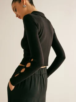COMMENSE Sweater Tops|Sweaters & Cardigans^Metal-Decor Cutout Lapel Crop Sweater Black