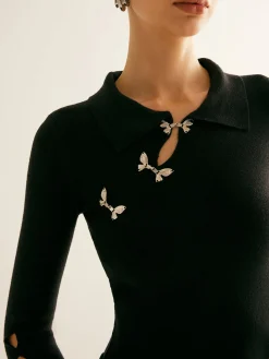COMMENSE Sweater Tops|Sweaters & Cardigans^Metal-Decor Cutout Lapel Crop Sweater Black