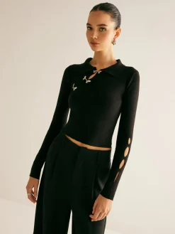 COMMENSE Sweater Tops|Sweaters & Cardigans^Metal-Decor Cutout Lapel Crop Sweater Black