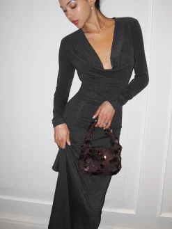 COMMENSE Casual Dresses|Work Dresses^Metal-Detail Cowl Neck Slim Jersey Dress Grey