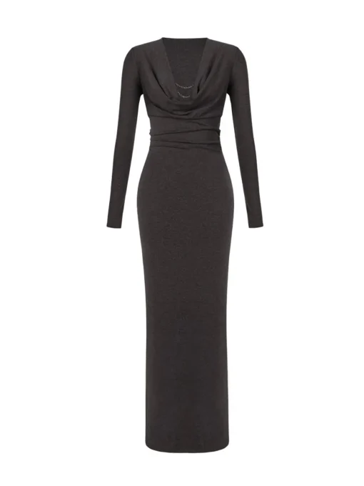 COMMENSE Casual Dresses|Work Dresses^Metal-Detail Cowl Neck Slim Jersey Dress Grey