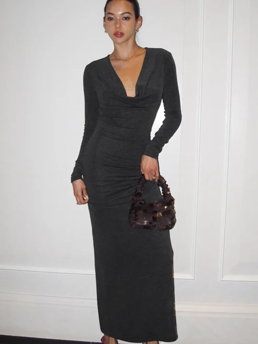COMMENSE Casual Dresses|Work Dresses^Metal-Detail Cowl Neck Slim Jersey Dress Grey