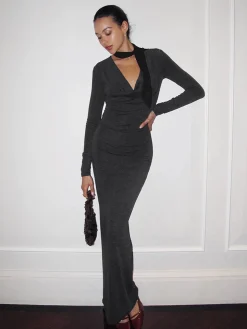 COMMENSE Casual Dresses|Work Dresses^Metal-Detail Cowl Neck Slim Jersey Dress Grey