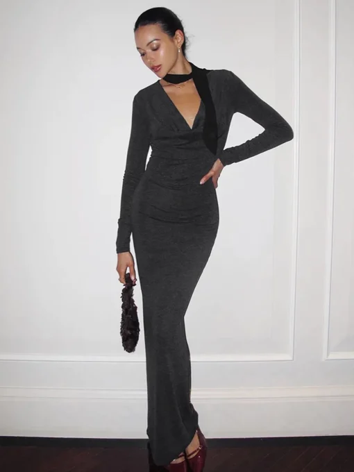 COMMENSE Casual Dresses|Work Dresses^Metal-Detail Cowl Neck Slim Jersey Dress Grey