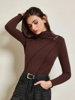 COMMENSE T-shirts|Tops^Metal-Detail Piping Jersey Top DarkBrown