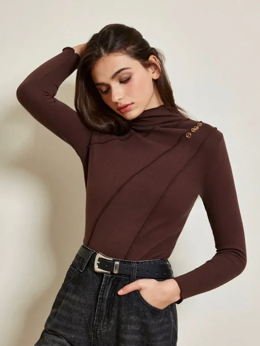 COMMENSE T-shirts|Tops^Metal-Detail Piping Jersey Top DarkBrown