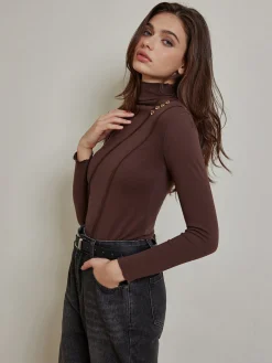 COMMENSE T-shirts|Tops^Metal-Detail Piping Jersey Top DarkBrown