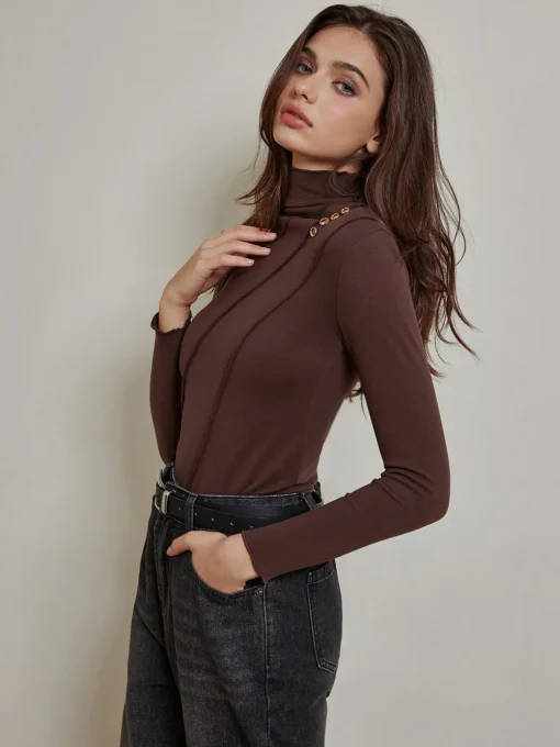COMMENSE T-shirts|Tops^Metal-Detail Piping Jersey Top DarkBrown