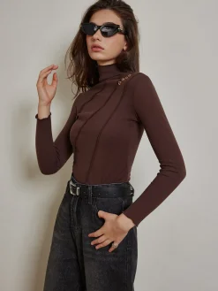 COMMENSE T-shirts|Tops^Metal-Detail Piping Jersey Top DarkBrown