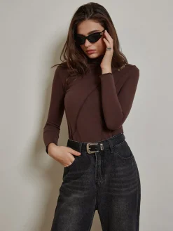 COMMENSE T-shirts|Tops^Metal-Detail Piping Jersey Top DarkBrown