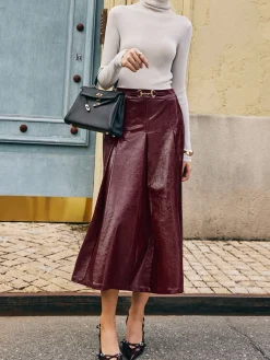 COMMENSE Skirts|Bottoms^Metal-Detail Pleated Faux Leather Skirt Burgundy