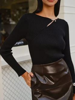 COMMENSE Sweater Tops|Sweaters & Cardigans^Metal-Detail Ribbed Slim Sweater Black