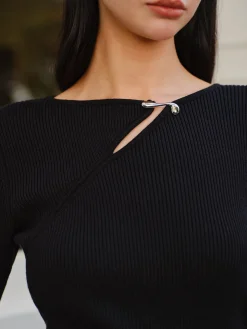 COMMENSE Sweater Tops|Sweaters & Cardigans^Metal-Detail Ribbed Slim Sweater Black