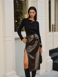 COMMENSE Sweater Tops|Sweaters & Cardigans^Metal-Detail Ribbed Slim Sweater Black