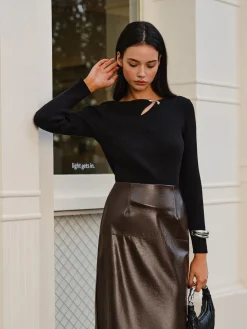 COMMENSE Sweater Tops|Sweaters & Cardigans^Metal-Detail Ribbed Slim Sweater Black