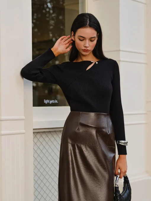COMMENSE Sweater Tops|Sweaters & Cardigans^Metal-Detail Ribbed Slim Sweater Black