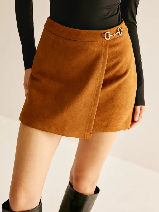 COMMENSE Skirts|Bottoms^Metal-Detail Suede Mini Skirt Brown