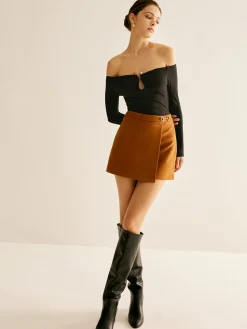 COMMENSE Skirts|Bottoms^Metal-Detail Suede Mini Skirt Brown