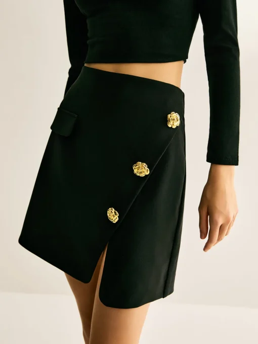 COMMENSE Bottoms^Metal-Detail Zipper Mini Skirt Black
