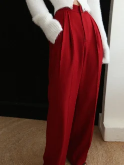 COMMENSE Long Sleeve Sets|Pants^Middle Waist Pleated Tape Pants Red