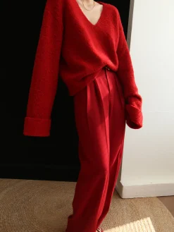 COMMENSE Long Sleeve Sets|Pants^Middle Waist Pleated Tape Pants Red