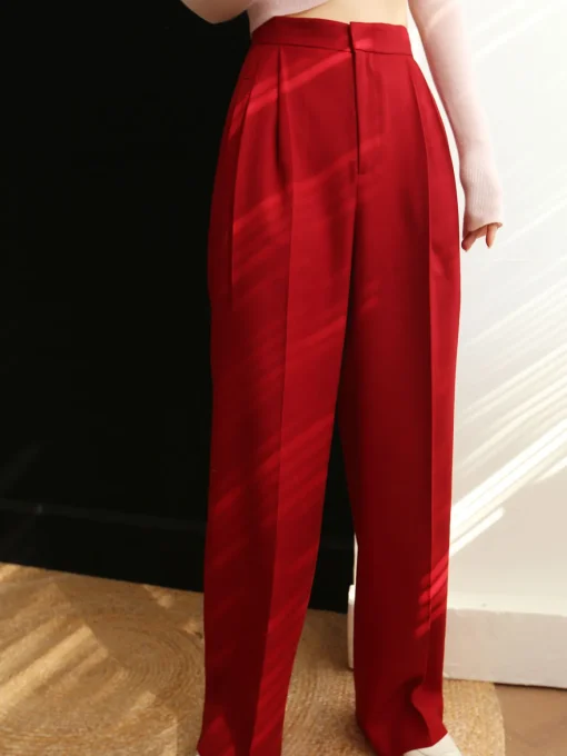 COMMENSE Long Sleeve Sets|Pants^Middle Waist Pleated Tape Pants Red