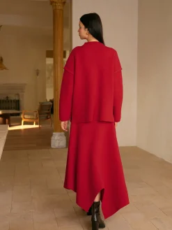 COMMENSE Knitwear|Matching Sets^Mid-Waist Asymmetrical Sweater Skirt Red