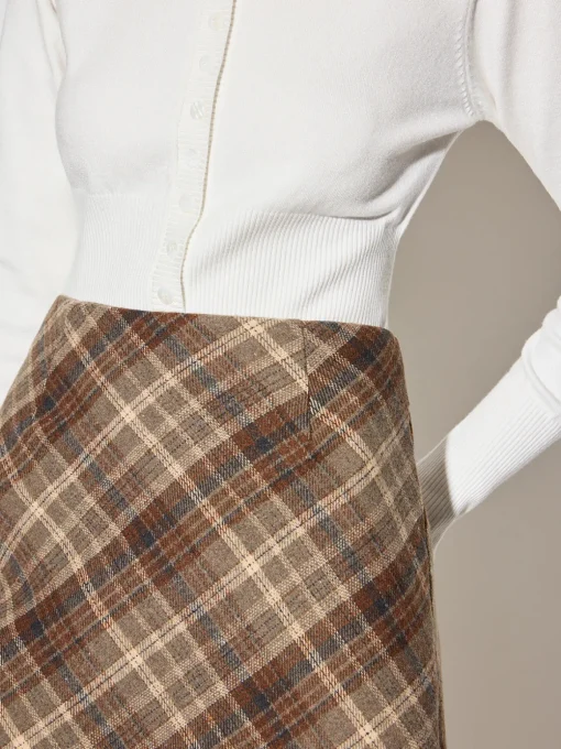 COMMENSE Bottoms^Mid-Waist Checked A-Line Skirt Khaki