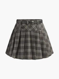 COMMENSE Skirts|Bottoms^Mid-Waist Checked Pleated Skirt With Belt Grey
