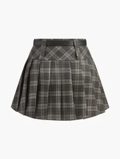 COMMENSE Skirts|Bottoms^Mid-Waist Checked Pleated Skirt With Belt Grey